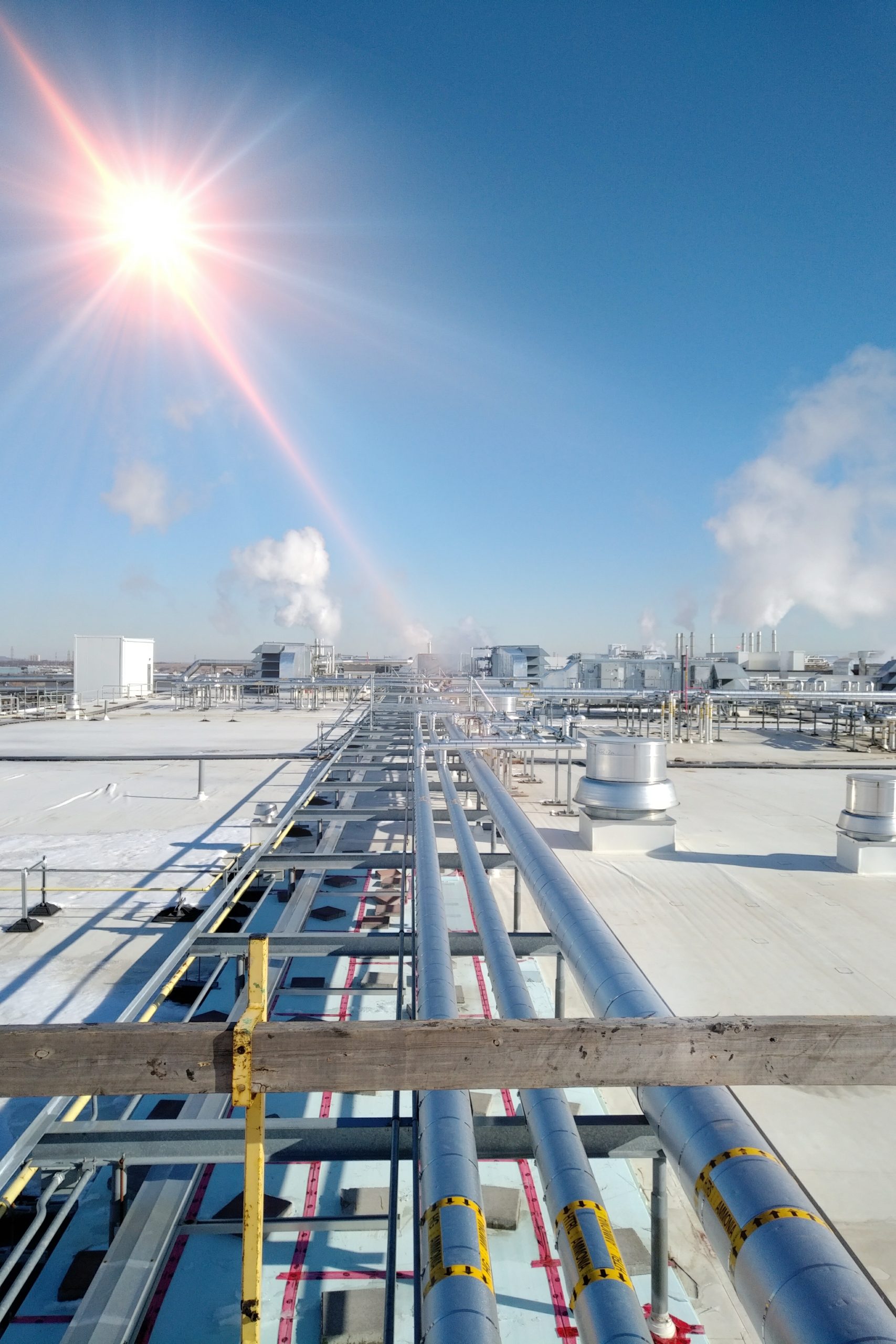 Ammonia piping spans a new membrane roof.Steam can be seen billowing from exhaust stacks. clear blue sky